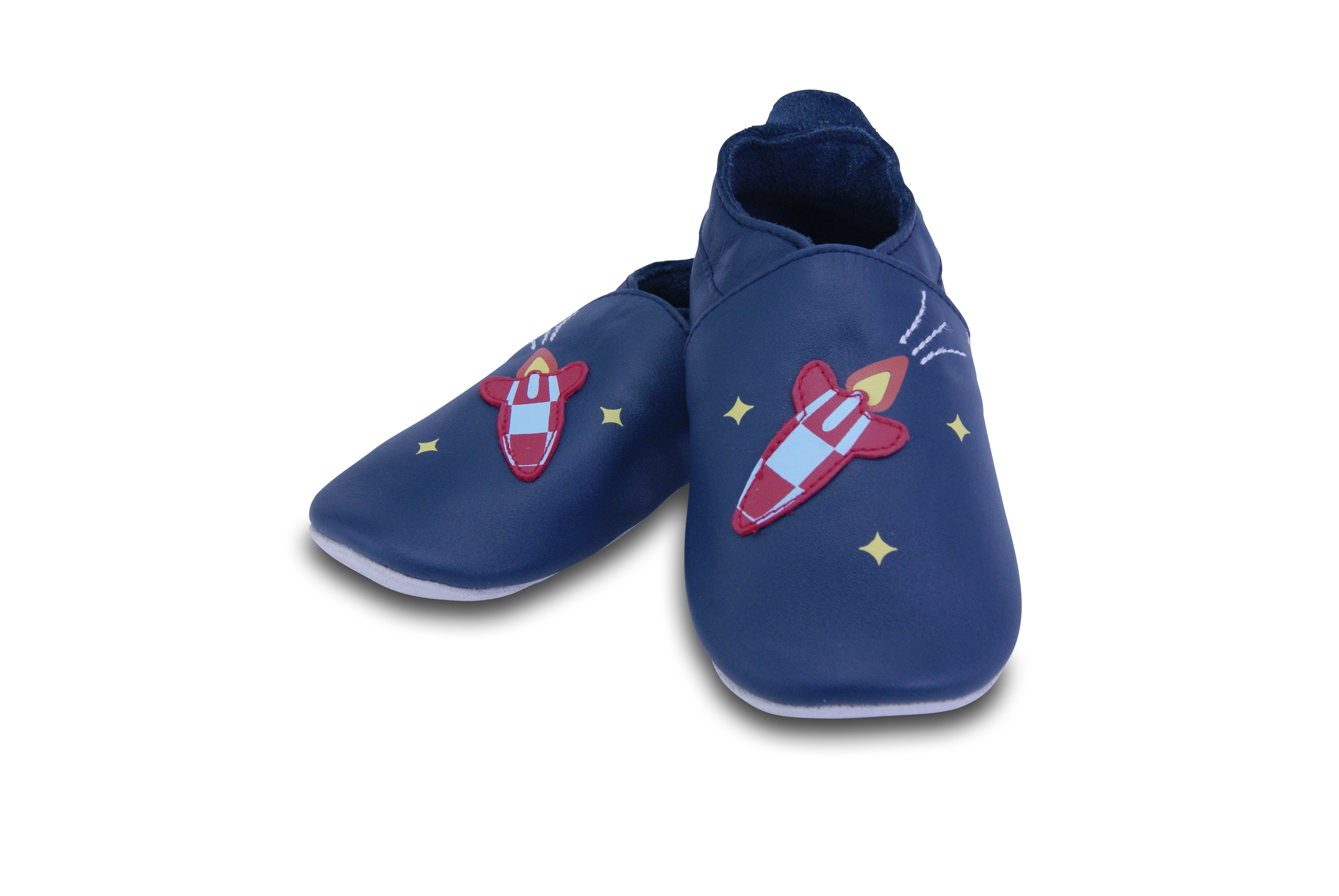 blaue Lederpatschen für Kinder von Bobux  mit bunter Rakete