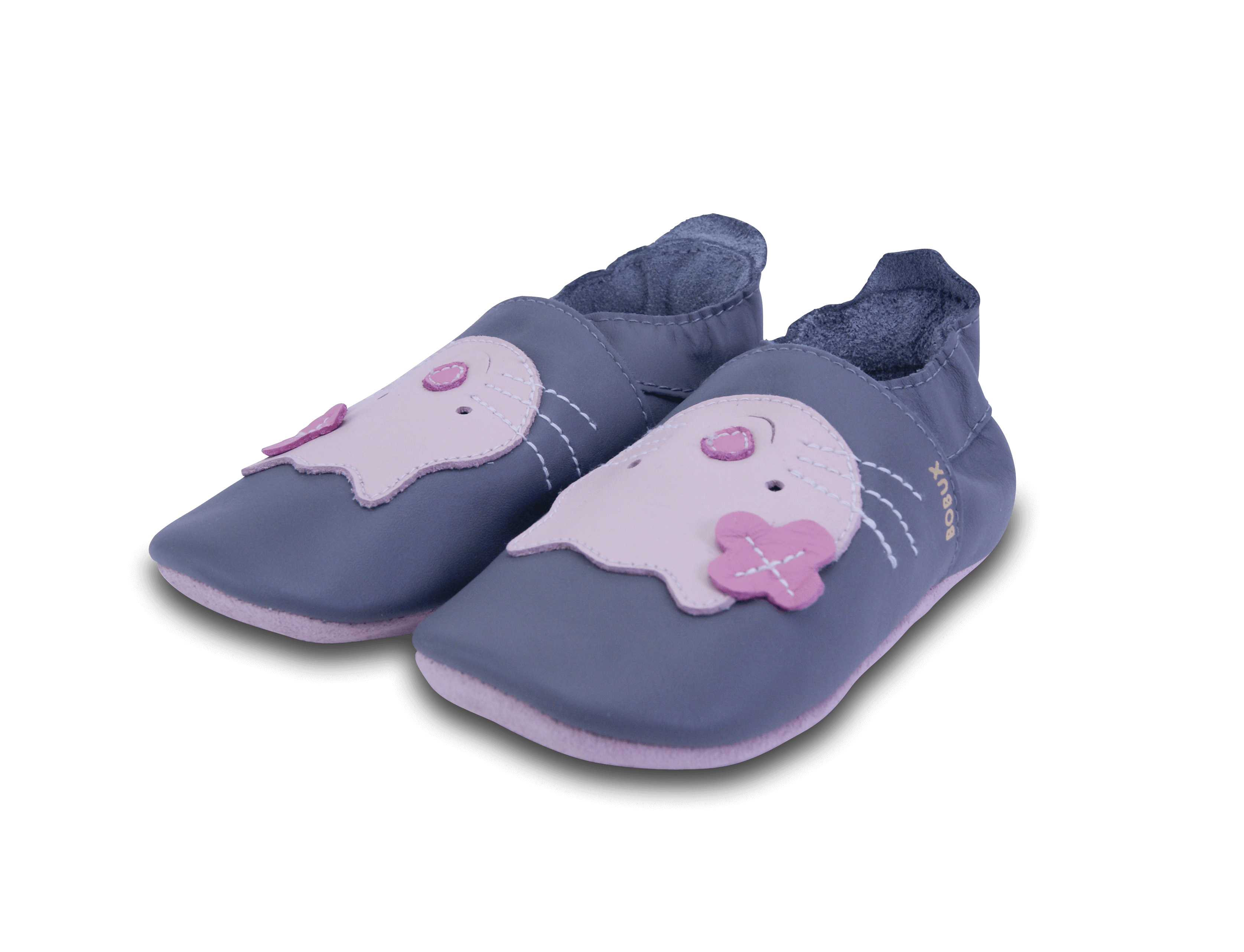 graue Lederpatschen für Kinder von Bobux mit rosa Katzenkopf